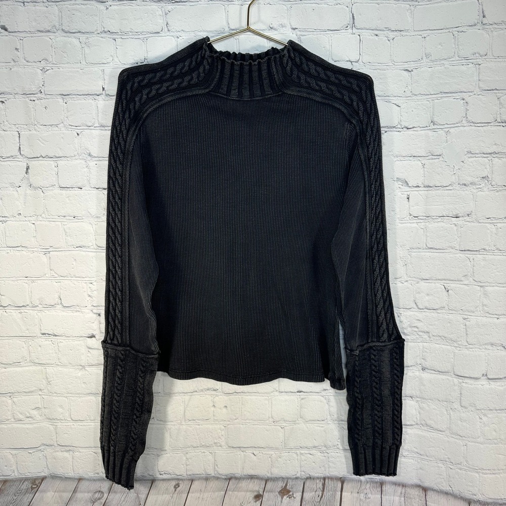 We The Free Free People Black Waffle Knit Cable Detail Breezy Swit Thermal Top L